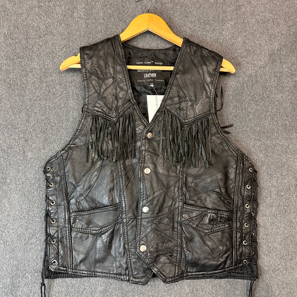 Vintage Italian Stone Design Buffalo Leather Fringe Vest Navarre Leather Co. XL